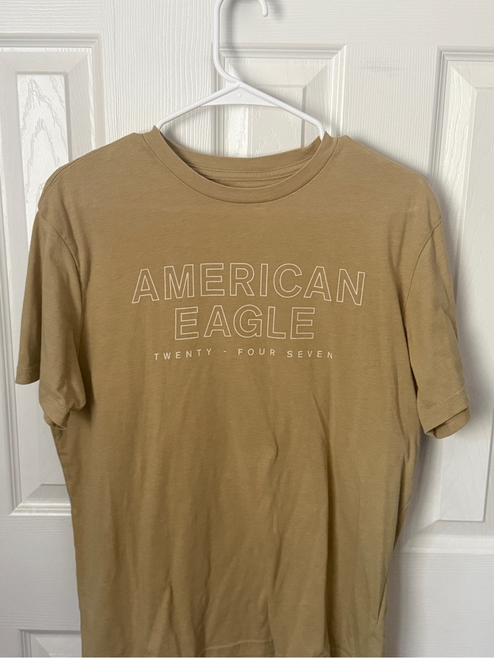 American Eagle Outfitters Tan Crewneck T-Shirt with White Logo